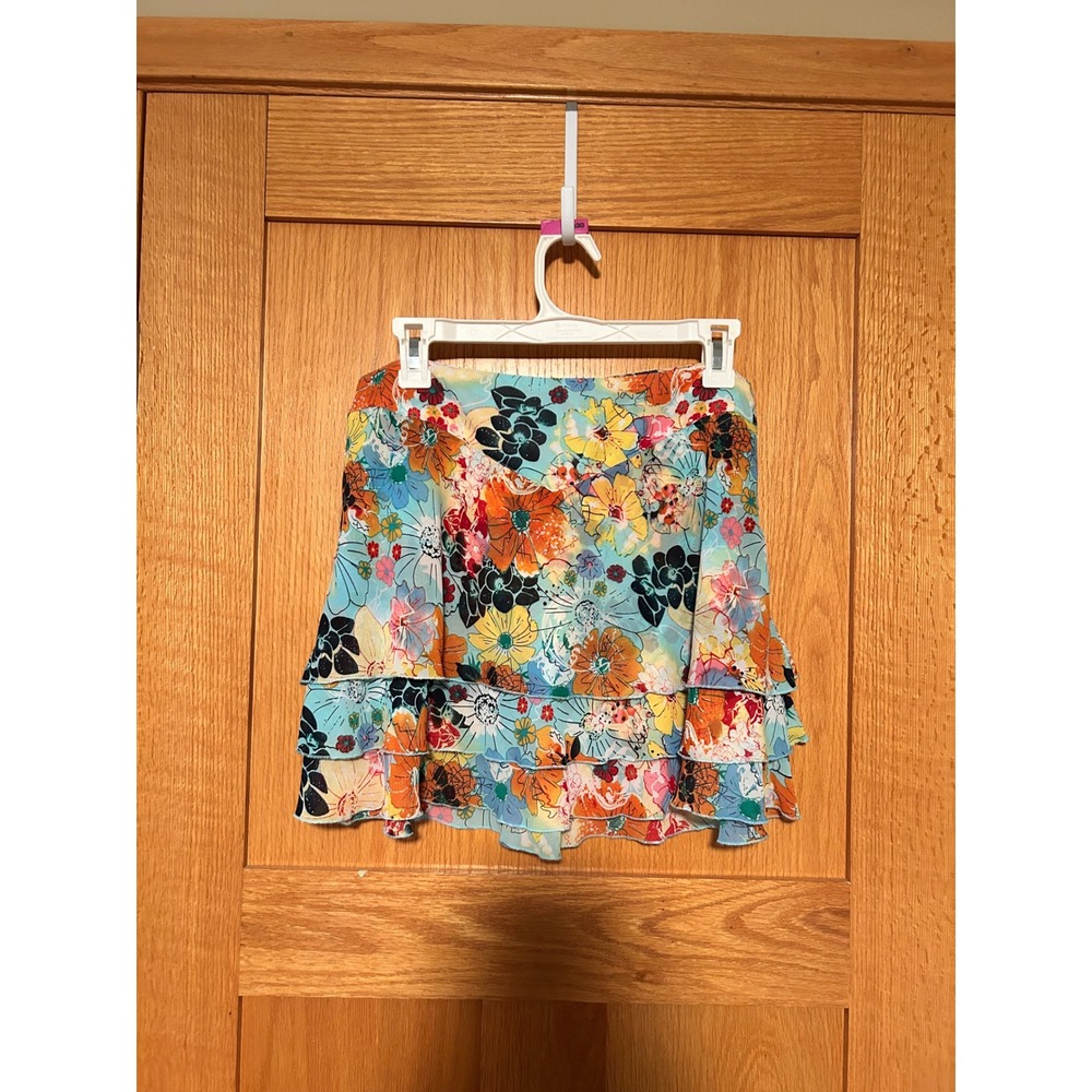 Thalia Sodi Floral Ruffle Mini Skirt Blue Orange Tiered Size 7/8 Fairycore